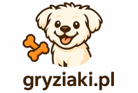 Ilustracja uśmiechniętego, jasnego psa trzymającego kość obok napisu „gryziaki.pl” na jasnym, błękitnym tle. - strona główna