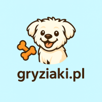 Ilustracja uśmiechniętego, jasnego psa trzymającego kość obok napisu „gryziaki.pl” na jasnym, błękitnym tle. - strona główna